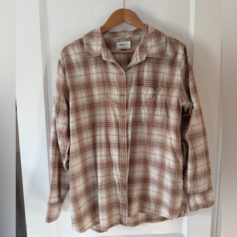American Eagle Outfitters Plaid Button Down Shirt - Brown and Cream